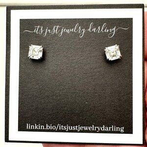 Womens Earrings 14K White Gold Cubic Zirconia Princess Cut Studs Pierced Estate